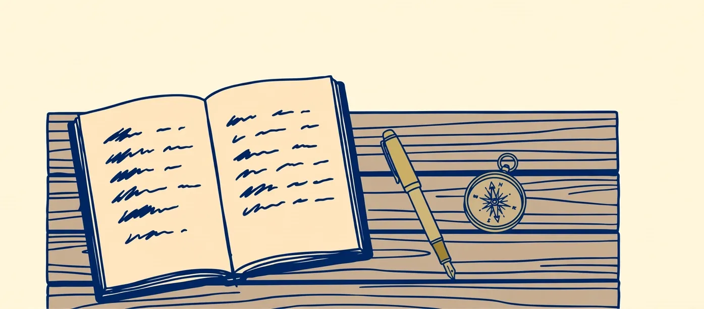 An open journal on a wooden desk, its pages filled with handwriting, a fountain pen and a pocket compass resting beside it.